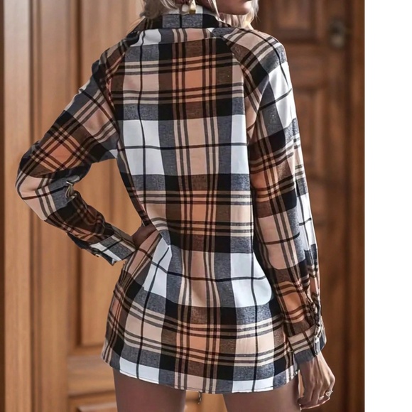 Plus classic Peach Mix Plaid Print Button Down Boyfriend Long Sleeve Shirt - Picture 3 of 6